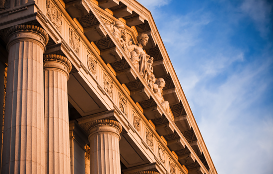 Front of a building with Roman columns