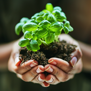 Hands holding a plant