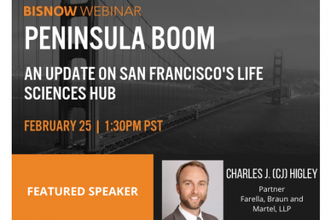 Bisnow Webinar Banner: Peninsula Boom. Featured speaker: Charles Higley